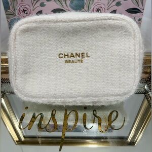 CHANEL White Cosmetic Bag with Gold Logo